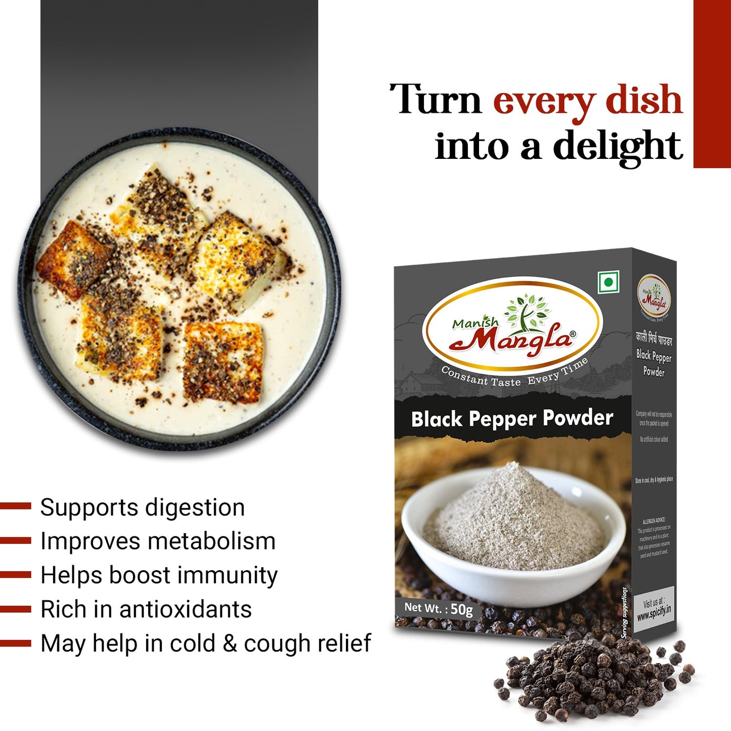 Black Pepper Powder – 50g | Fresh & Strong Aroma | Finely Ground Kali Mirch | Perfect for Cooking, Seasoning & Health Use