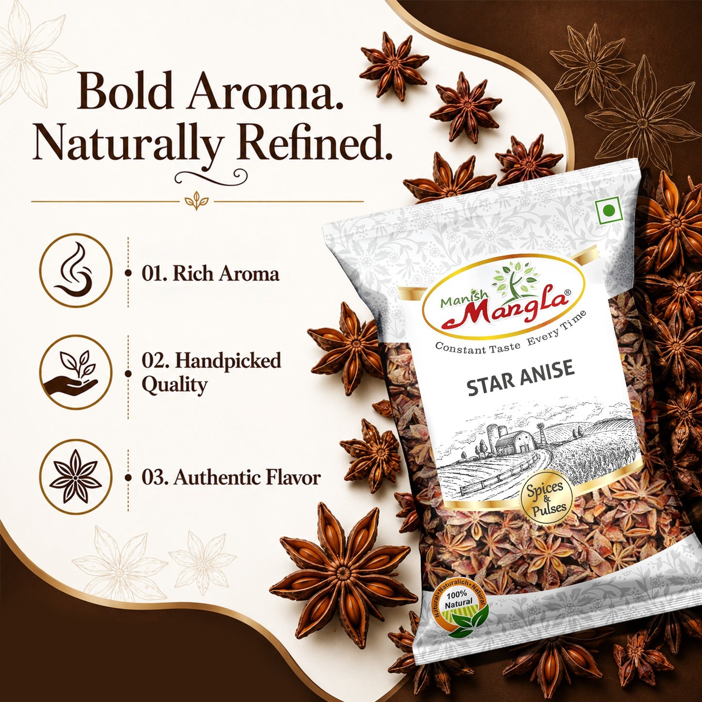 Star Anise (Chakra Phool) 20g – Premium Whole Star Anise | Rich Aroma & Distinct Flavor | Perfect for Biryani, Curries, Tea & Spice Blends | Hygienically Packed
