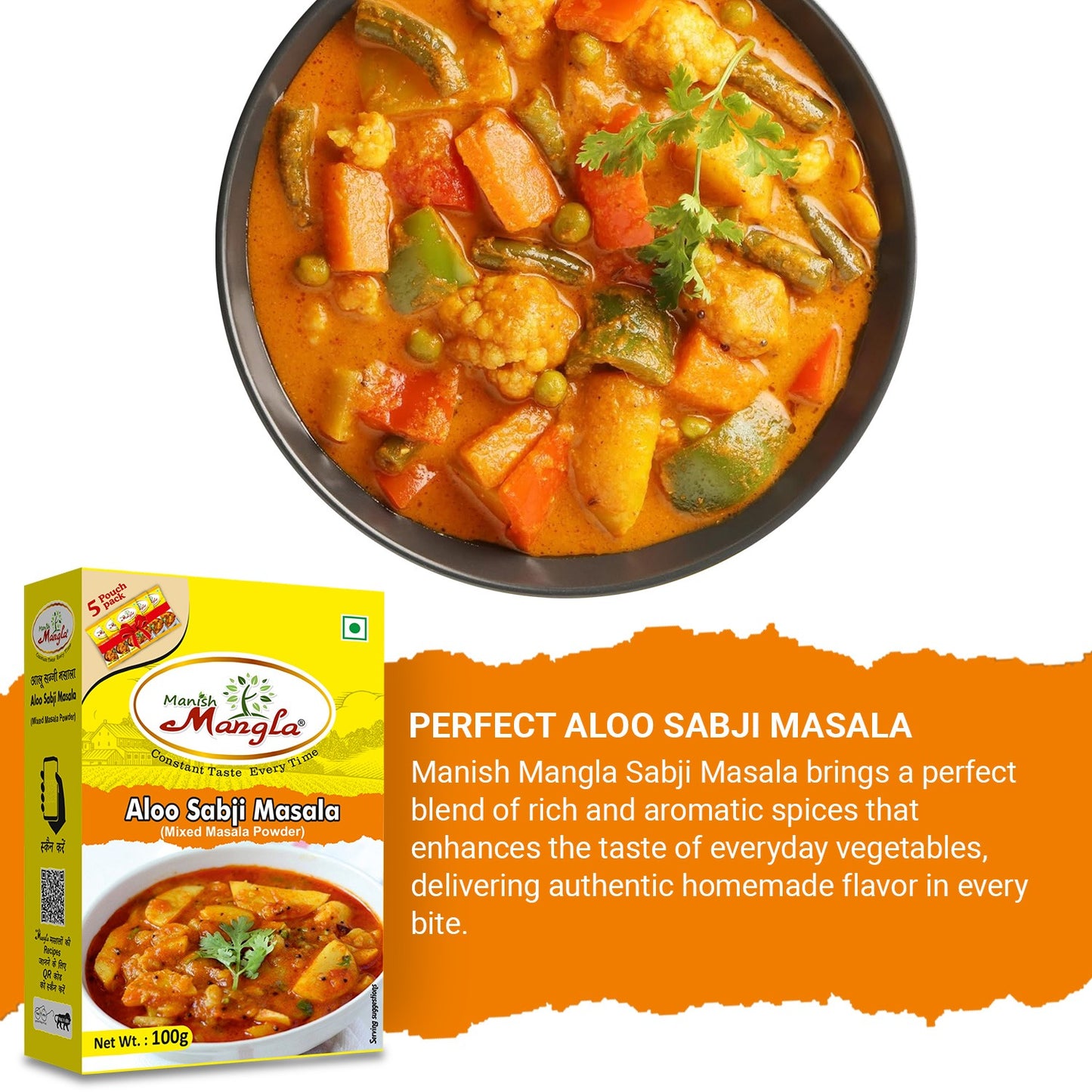 Manish Mangla Aloo Sabzi Masala – 100g (5×20g FreshLock Sachets) | Complete Spice Mix | No Onion No Garlic | Perfect for Aloo Sabzi, Jeera Aloo & Dry Potato Curry