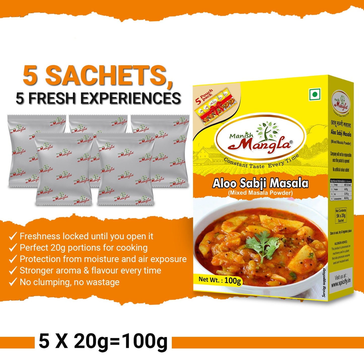 Manish Mangla Aloo Sabzi Masala – 100g (5×20g FreshLock Sachets) | Complete Spice Mix | No Onion No Garlic | Perfect for Aloo Sabzi, Jeera Aloo & Dry Potato Curry