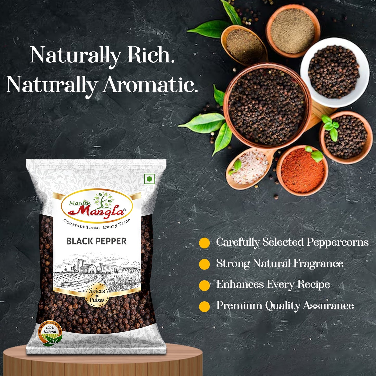 Black Pepper (Kali Mirch) – Premium Whole Black Peppercorns | Rich Aroma & Bold Flavor | Perfect for Seasoning, Cooking & Spice Blends | Hygienically Packed