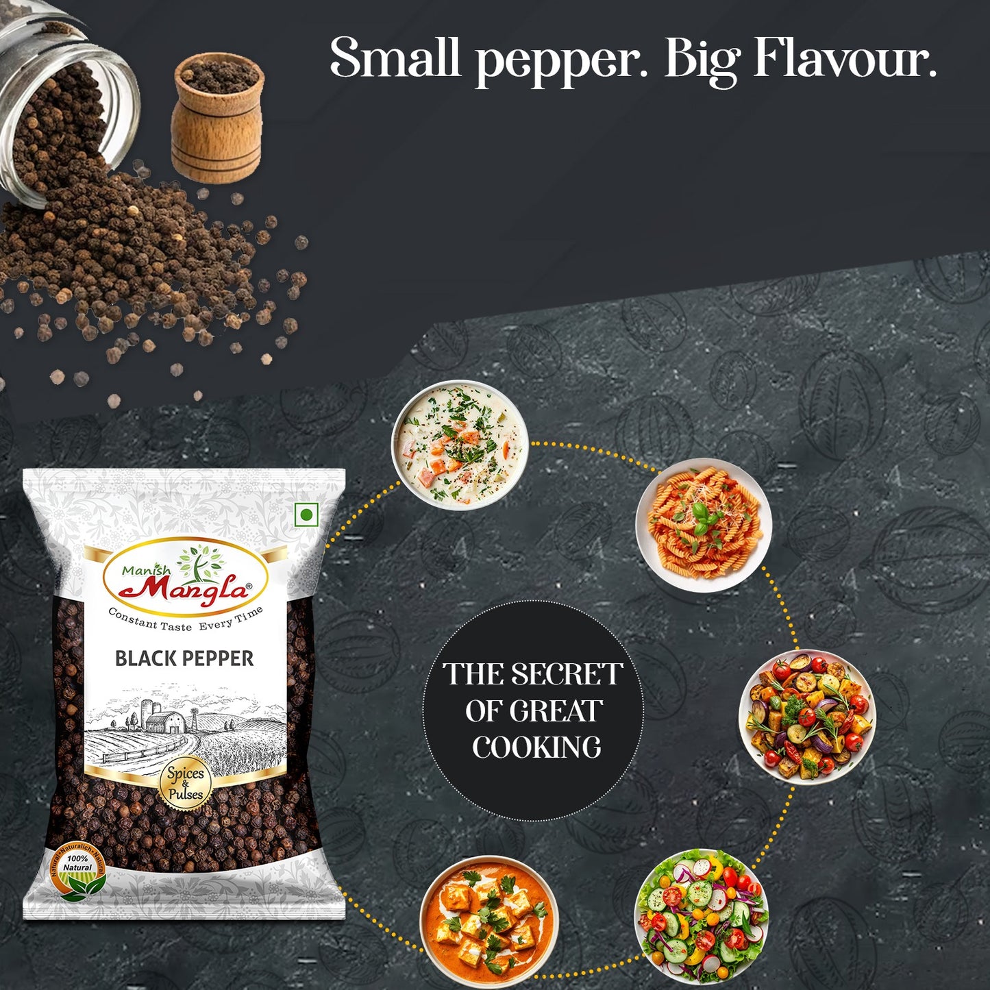 Black Pepper (Kali Mirch) – Premium Whole Black Peppercorns | Rich Aroma & Bold Flavor | Perfect for Seasoning, Cooking & Spice Blends | Hygienically Packed