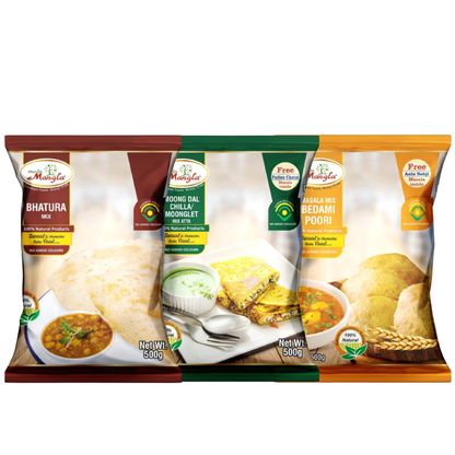 Breakfast Bites Combo – Bhatura Mix with Yeast Sachet, Bedmi Puri Mix & Moong Dal Chilla Mix | Complete Indian Breakfast Kit | Just Add Water & Cook
