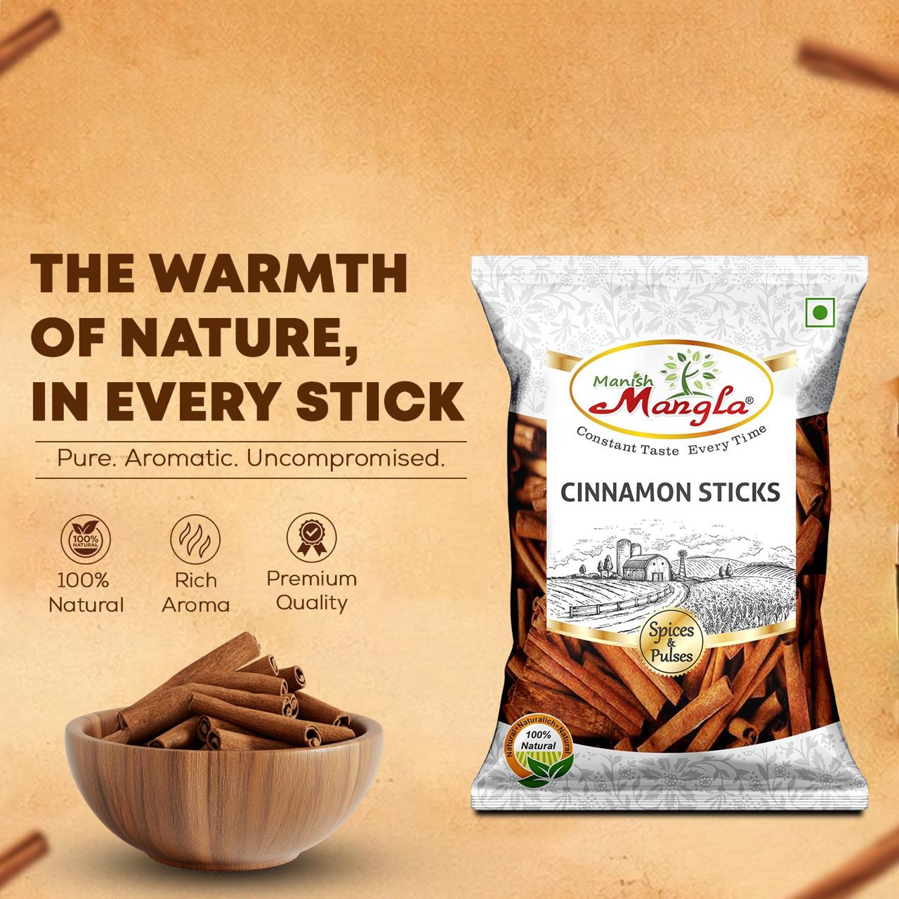 Cinnamon Sticks (Dalchini) – Premium Whole Cinnamon | Rich Aroma & Warm Sweet Flavor | Perfect for Tea, Biryani, Desserts & Indian Cooking | Hygienically Packed