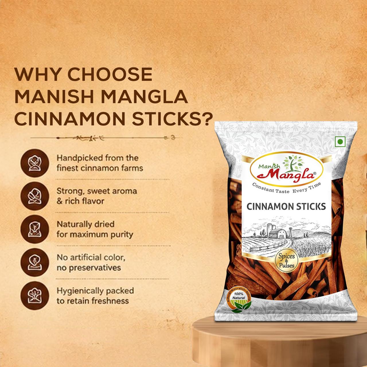 Cinnamon Sticks (Dalchini) – Premium Whole Cinnamon | Rich Aroma & Warm Sweet Flavor | Perfect for Tea, Biryani, Desserts & Indian Cooking | Hygienically Packed