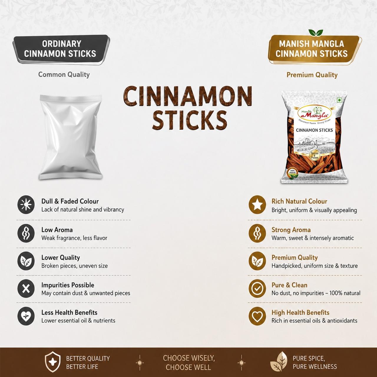 Cinnamon Sticks (Dalchini) – Premium Whole Cinnamon | Rich Aroma & Warm Sweet Flavor | Perfect for Tea, Biryani, Desserts & Indian Cooking | Hygienically Packed