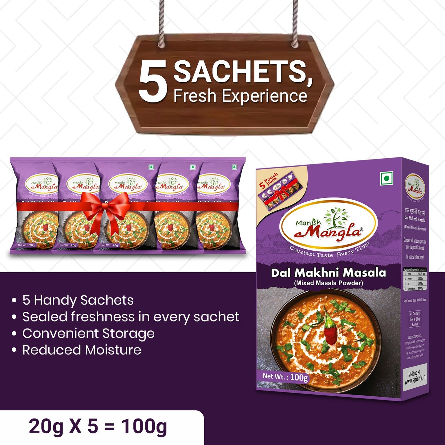 Dal Makhani Masala – 100g (5×20g FreshLock Sachets) | Creamy & Rich Flavor | Complete Spice Mix | Restaurant Style Dal Makhani