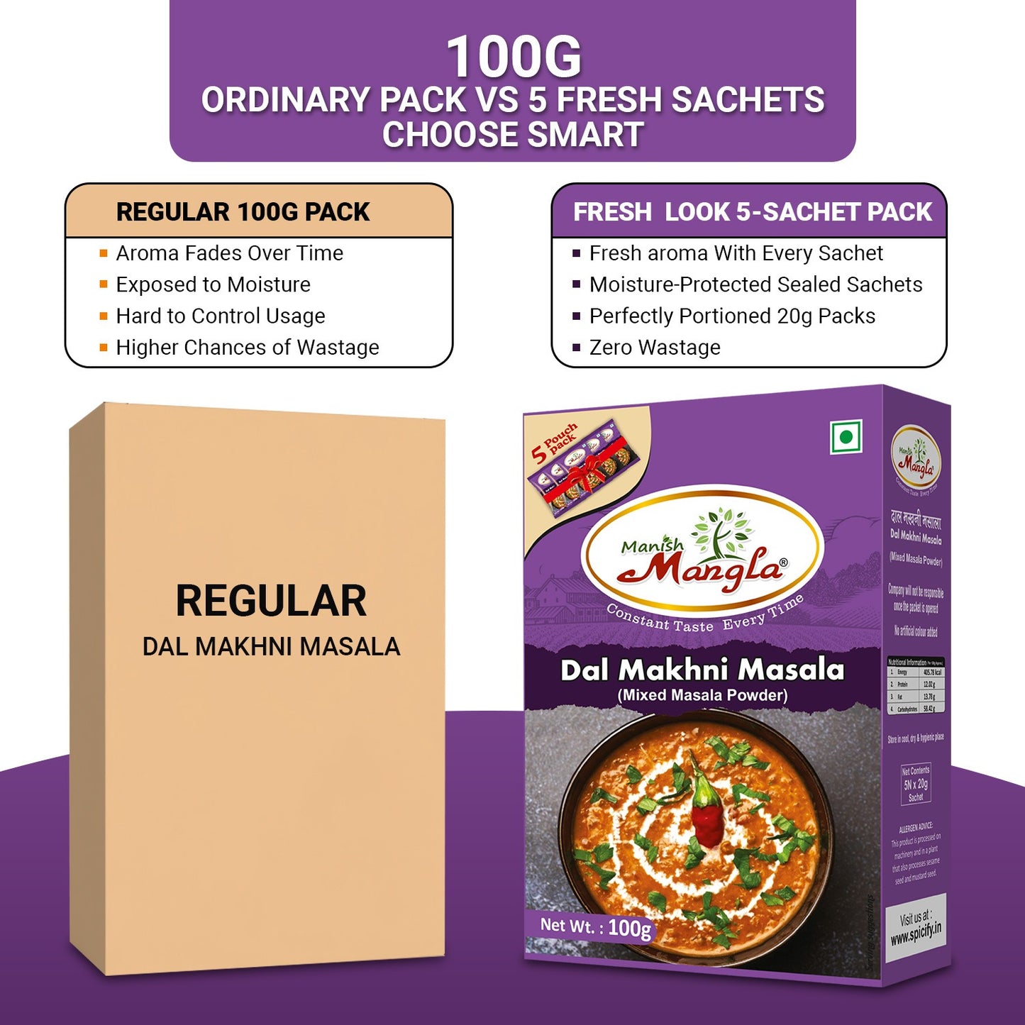 Dal Makhani Masala – 100g (5×20g FreshLock Sachets) | Creamy & Rich Flavor | Complete Spice Mix | Restaurant Style Dal Makhani