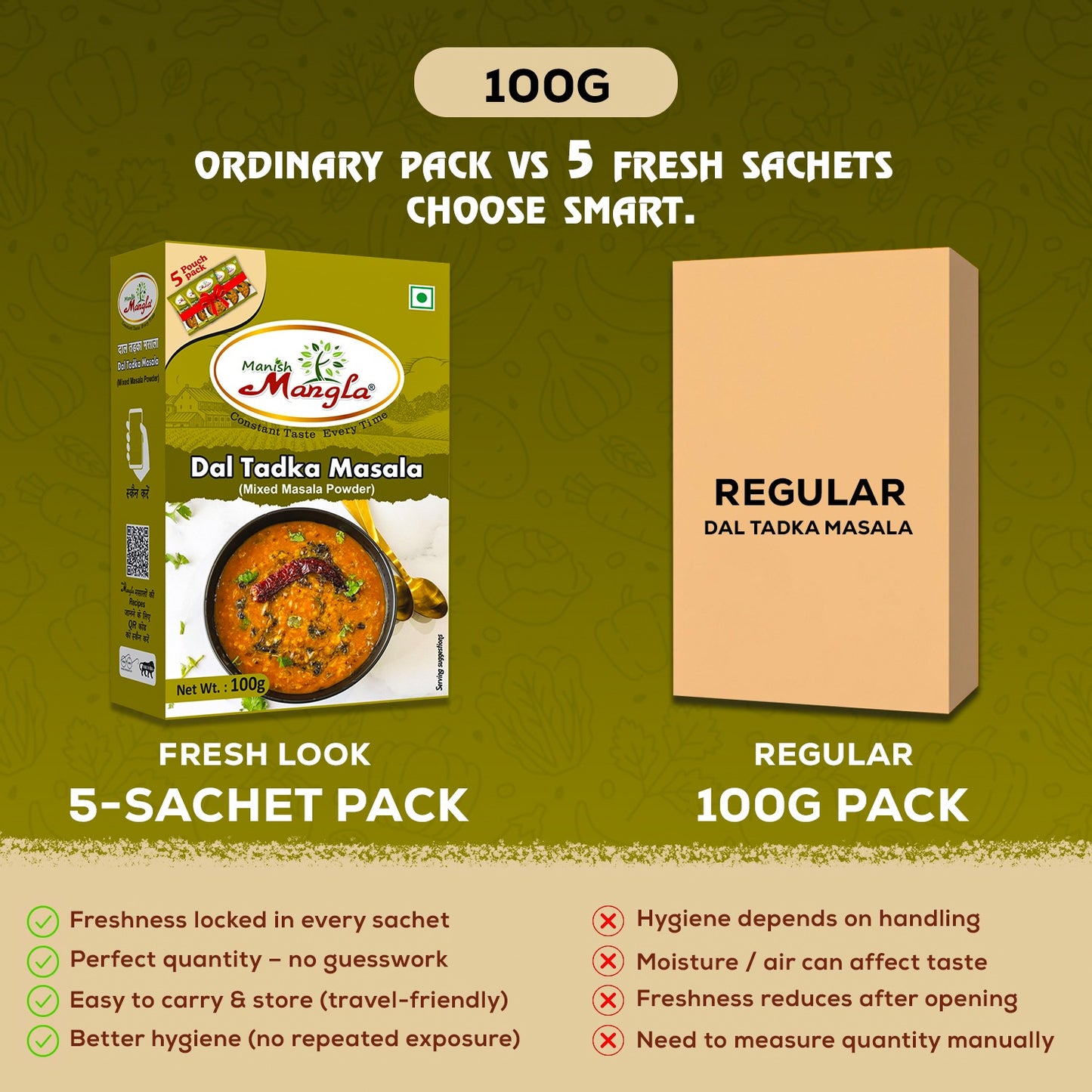 Dal Tadka Masala – 100g (5×20g FreshLock Sachets) | Authentic Dhaba Style Flavor | Complete Spice Mix | Fresh & Aromatic