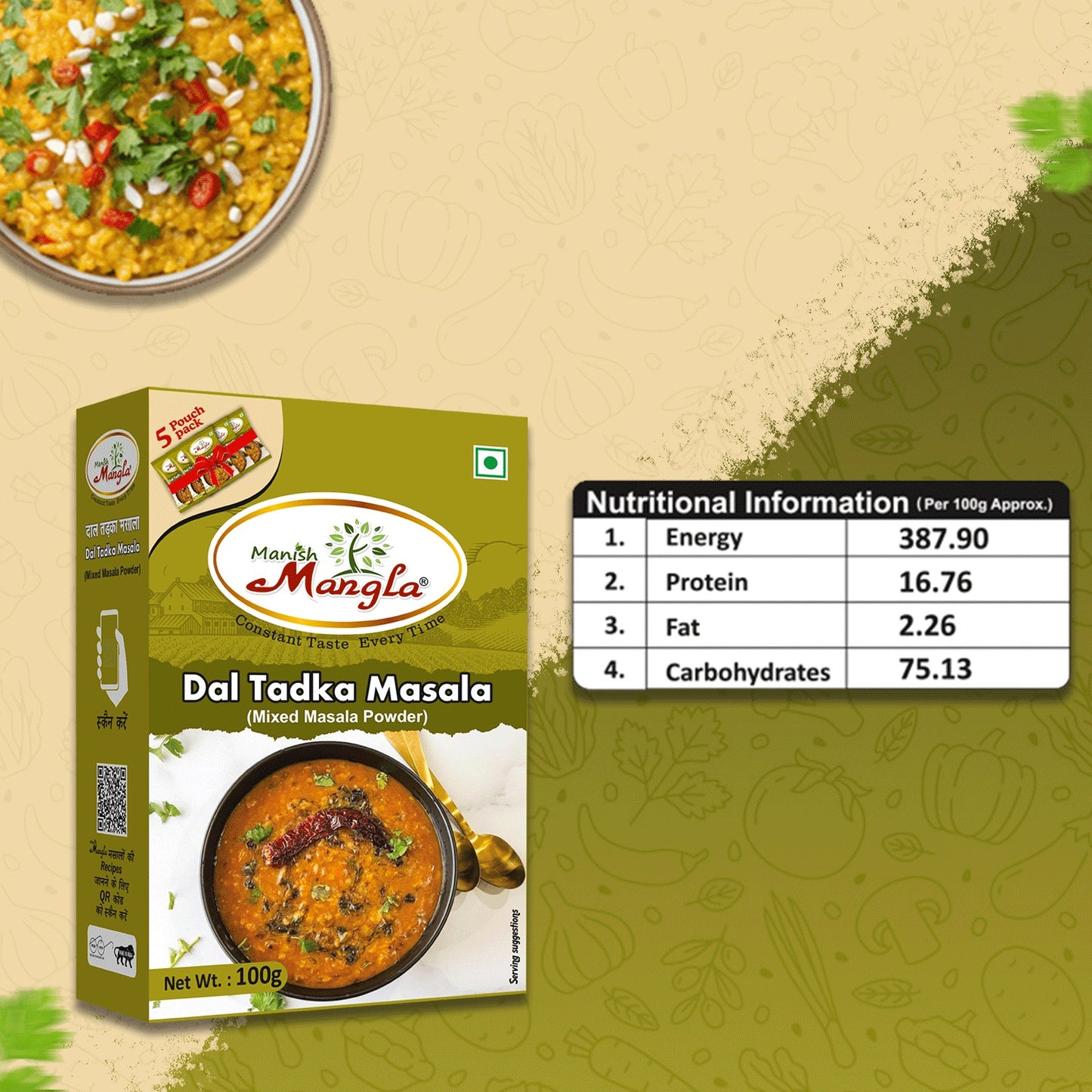 Dal Tadka Masala – 100g (5×20g FreshLock Sachets) | Authentic Dhaba Style Flavor | Complete Spice Mix | Fresh & Aromatic