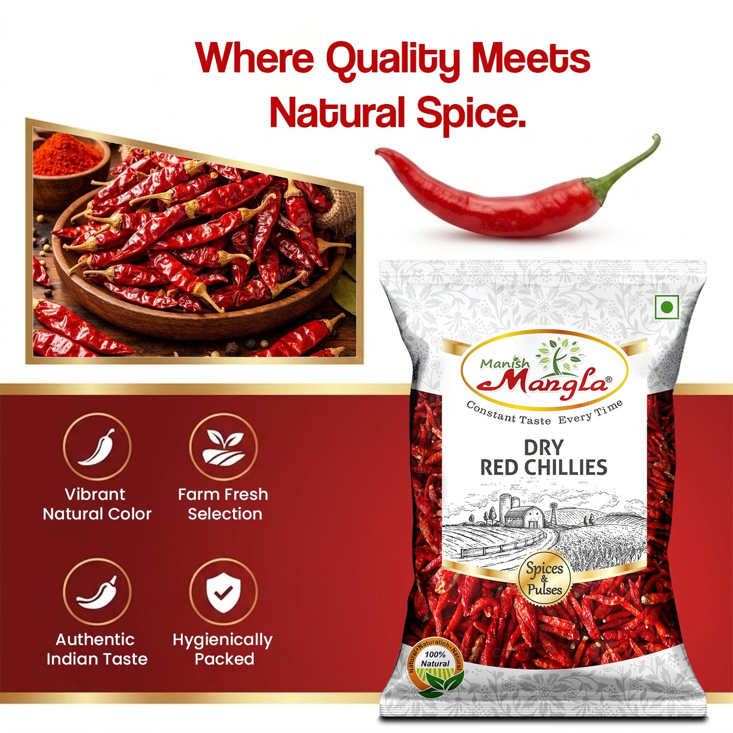 Dry Red Chillies (Sabut Lal Mirch) – Premium Whole Red Chillies | Rich Color & Bold Flavor | Perfect for Tadka, Curries & Indian Cooking | Hygienically Packed