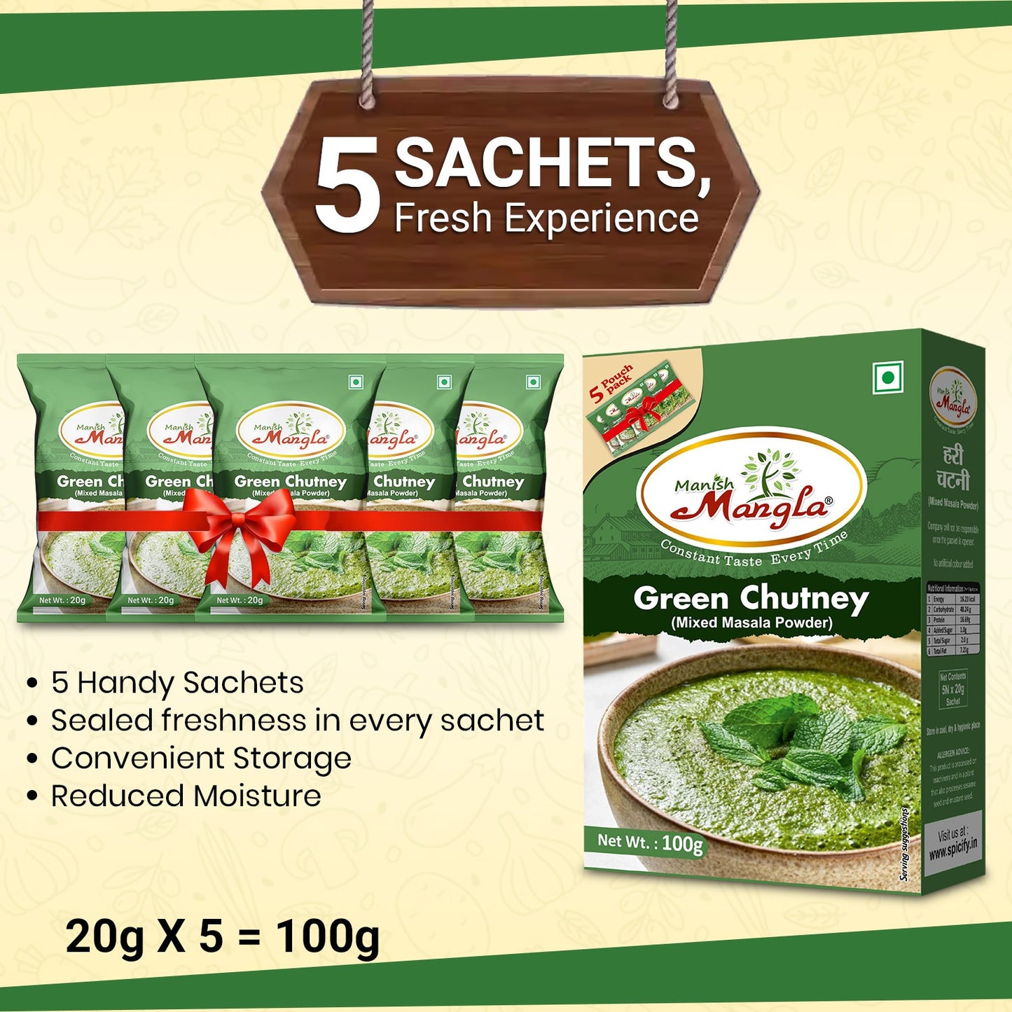 Manish Mangla Green Chutney Mix – 100g | Just Add Water & Curd | Instant Chutney | Fresh, Tangy & Flavorful | Perfect for Snacks & Chaat