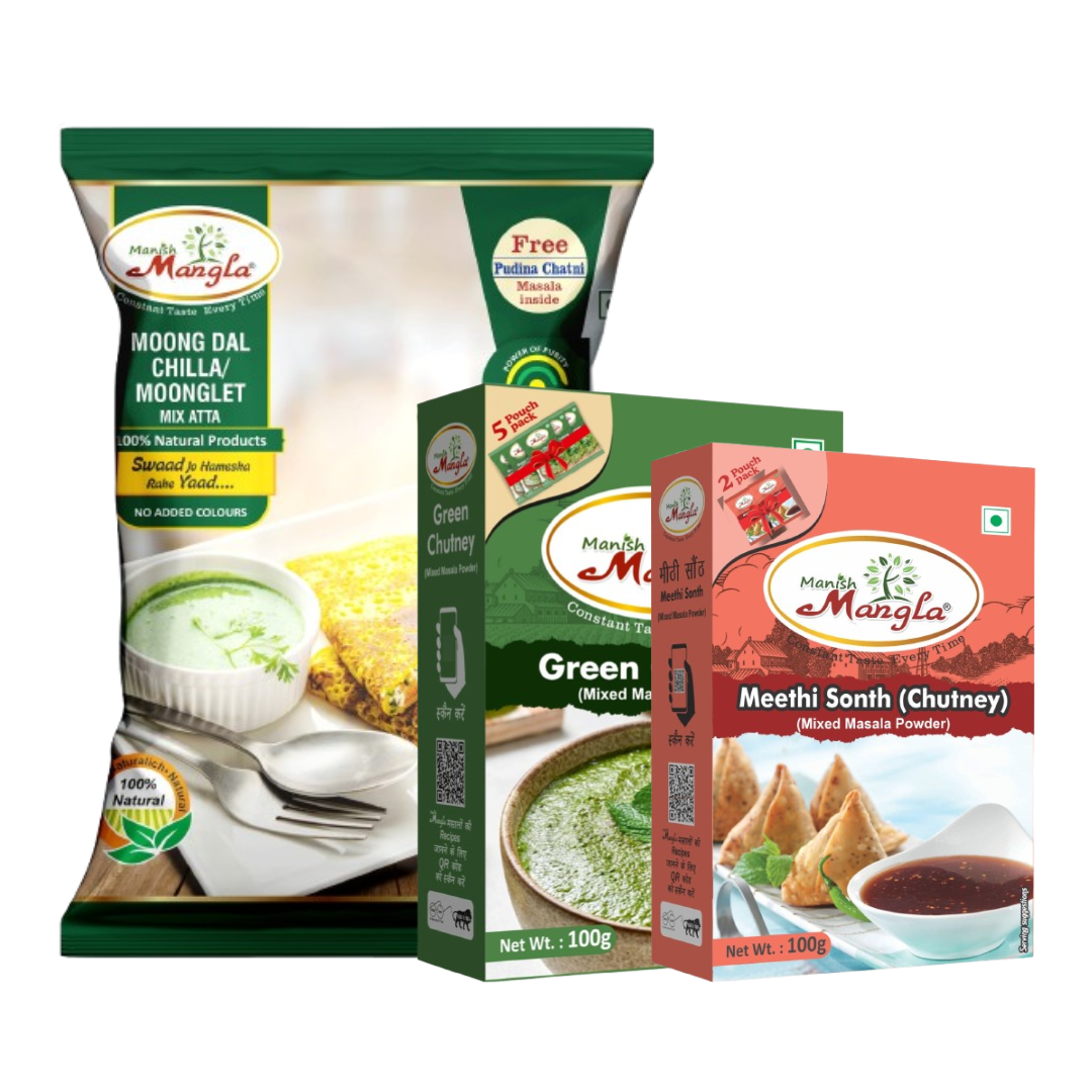 Instant Chilla Combo – Moong Dal Chilla Mix, Green Chutney Powder & Meethi Sonth Chutney Powder | Complete Breakfast & Snack Kit | Just Add Water & Cook