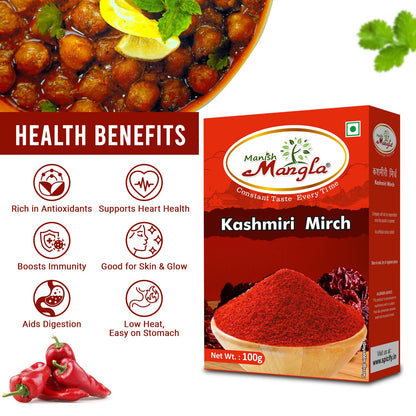 Manish Mangla Kashmiri Mirch Powder – 100g | Rich Natural Red Colour | Mild Spice | Perfect for Curries, Tandoori & Indian Cooking
