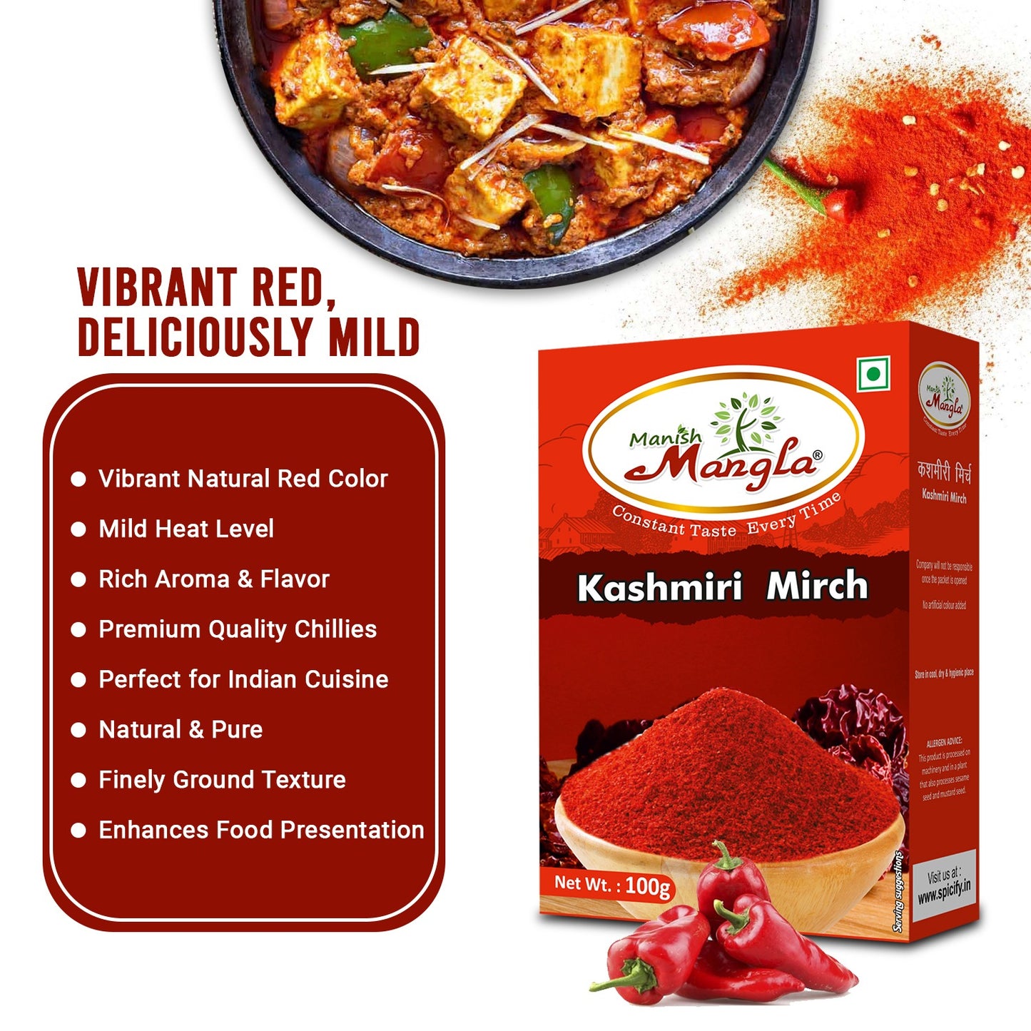 Manish Mangla Kashmiri Mirch Powder – 100g | Rich Natural Red Colour | Mild Spice | Perfect for Curries, Tandoori & Indian Cooking