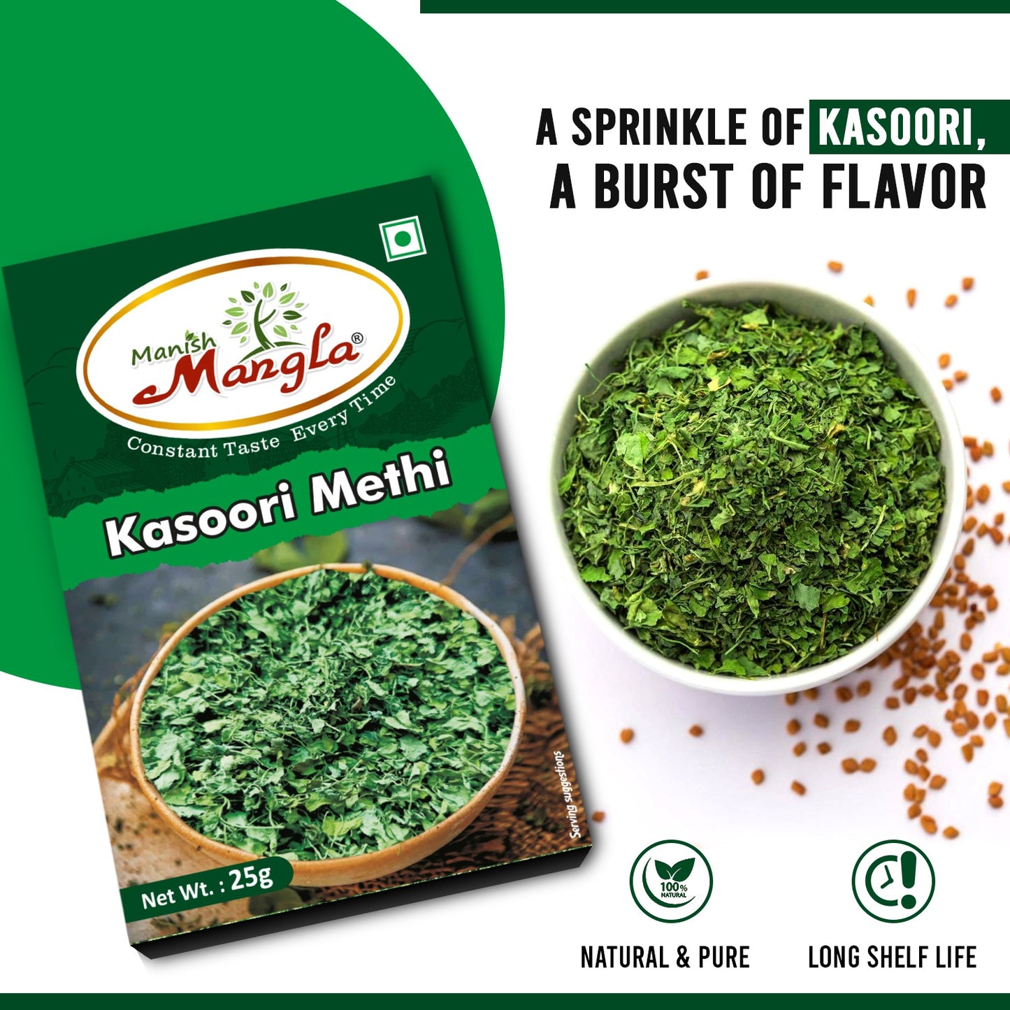 Manish Mangla Kasoori Methi – 25g | Dried Fenugreek Leaves | Rich Aroma & Authentic Flavor | Perfect for Curries, Sabzi & Indian Cooking