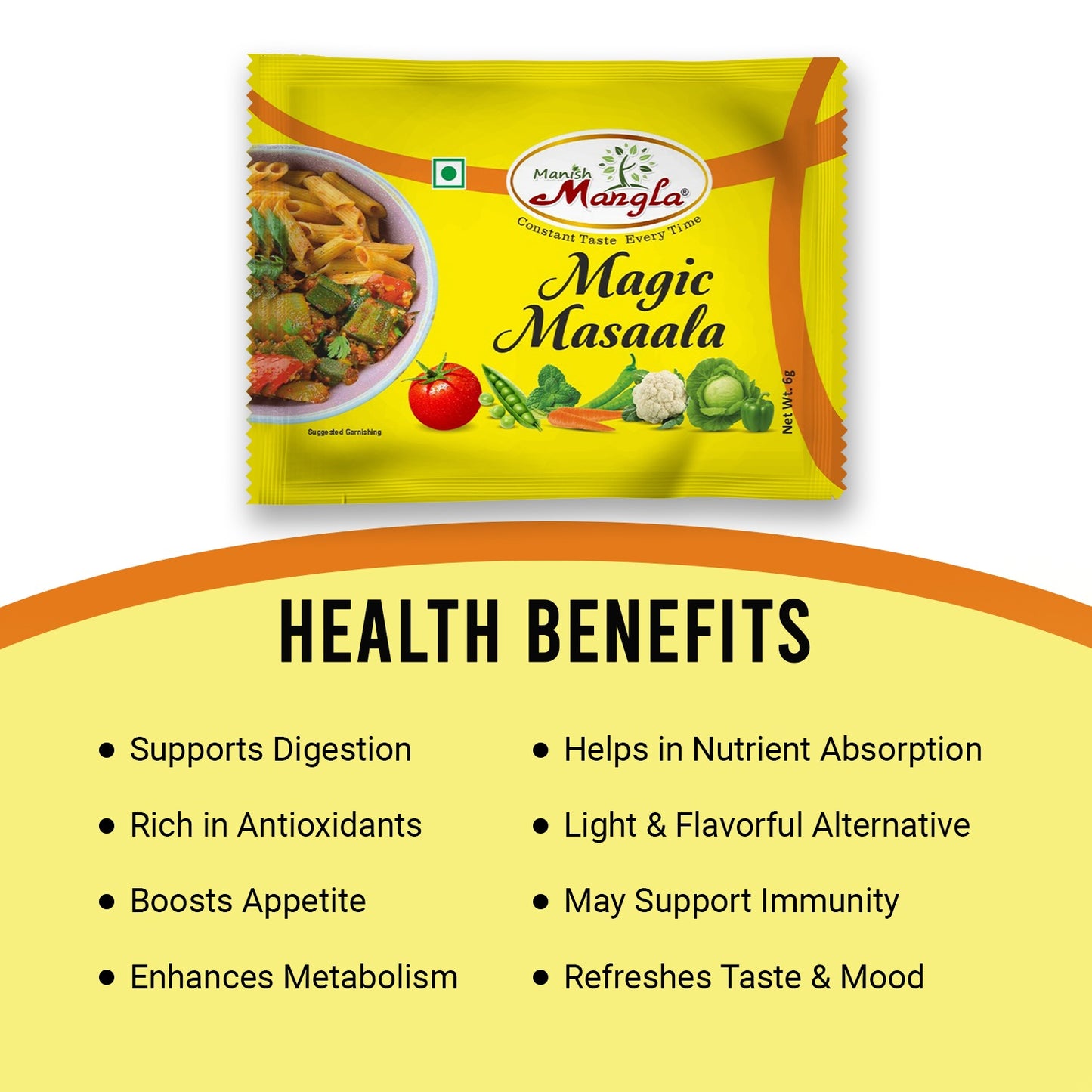 Manish Mangla Magic Masala – 6g Sachets (Pack of 25) | Buy 20 Get 5 Free | Instant Taste Enhancer | Chatpata Seasoning for Snacks & Meals