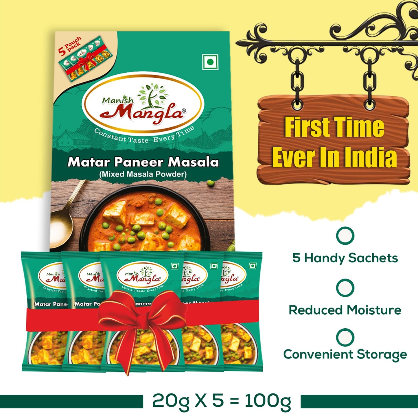 Matar Paneer Masala – 100g (5×20g FreshLock Sachets) | Rich & Creamy Restaurant-Style Flavor | Complete Spice Mix | Fresh & Aromatic