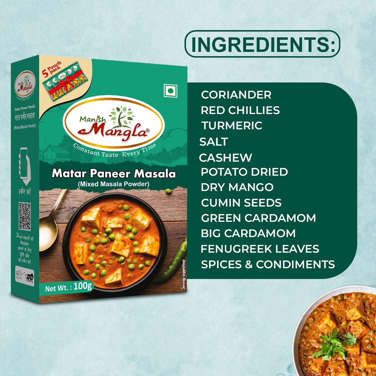 Matar Paneer Masala – 100g (5×20g FreshLock Sachets) | Rich & Creamy Restaurant-Style Flavor | Complete Spice Mix | Fresh & Aromatic