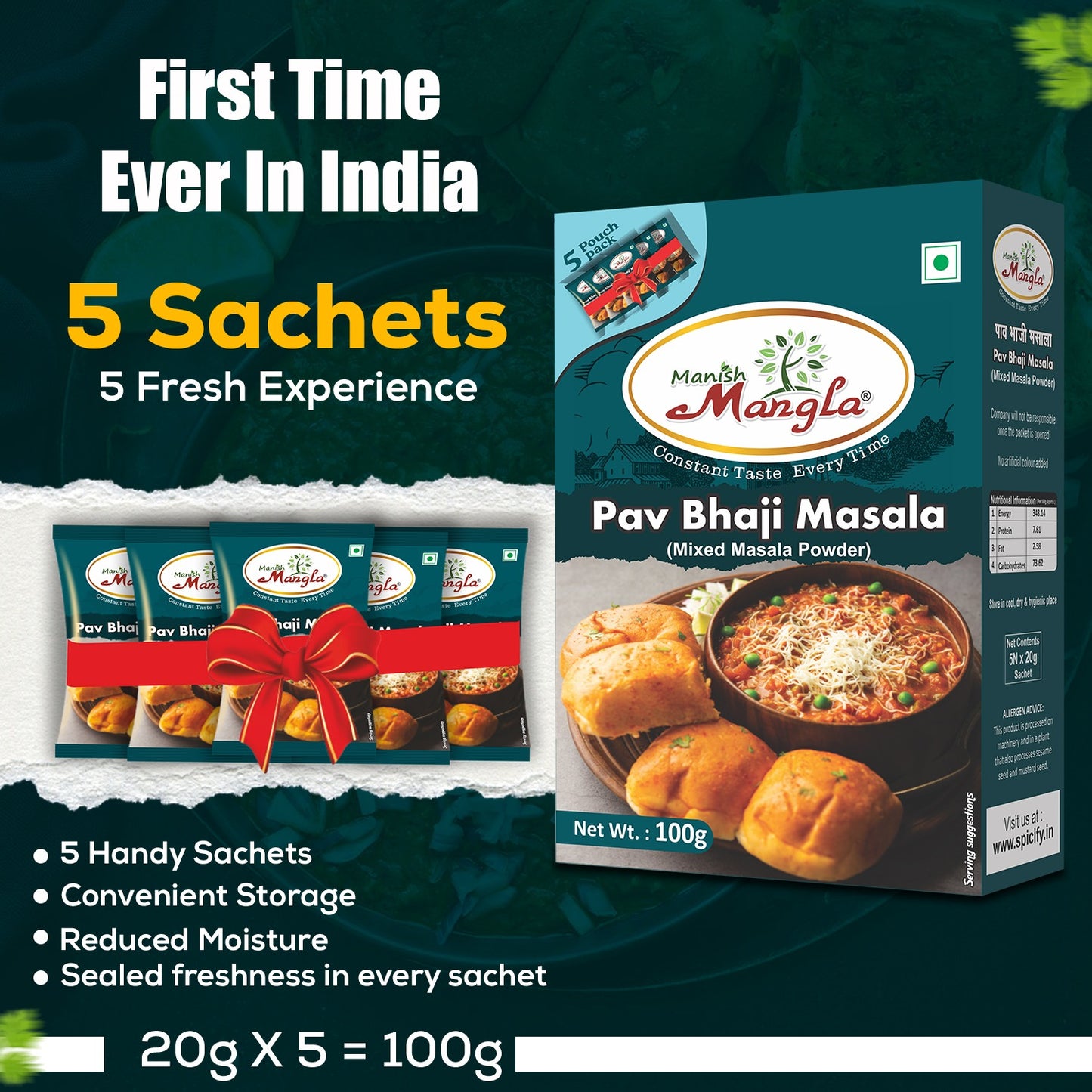 Pav Bhaji Masala – 100g (5×20g FreshLock Sachets) | Rich & Buttery Street-Style Flavor | Complete Masala Mix | Fresh & Aromatic
