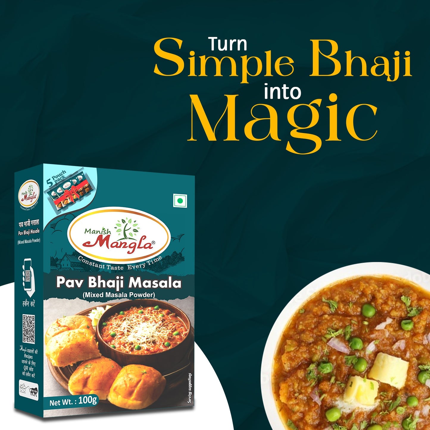 Pav Bhaji Masala – 100g (5×20g FreshLock Sachets) | Rich & Buttery Street-Style Flavor | Complete Masala Mix | Fresh & Aromatic