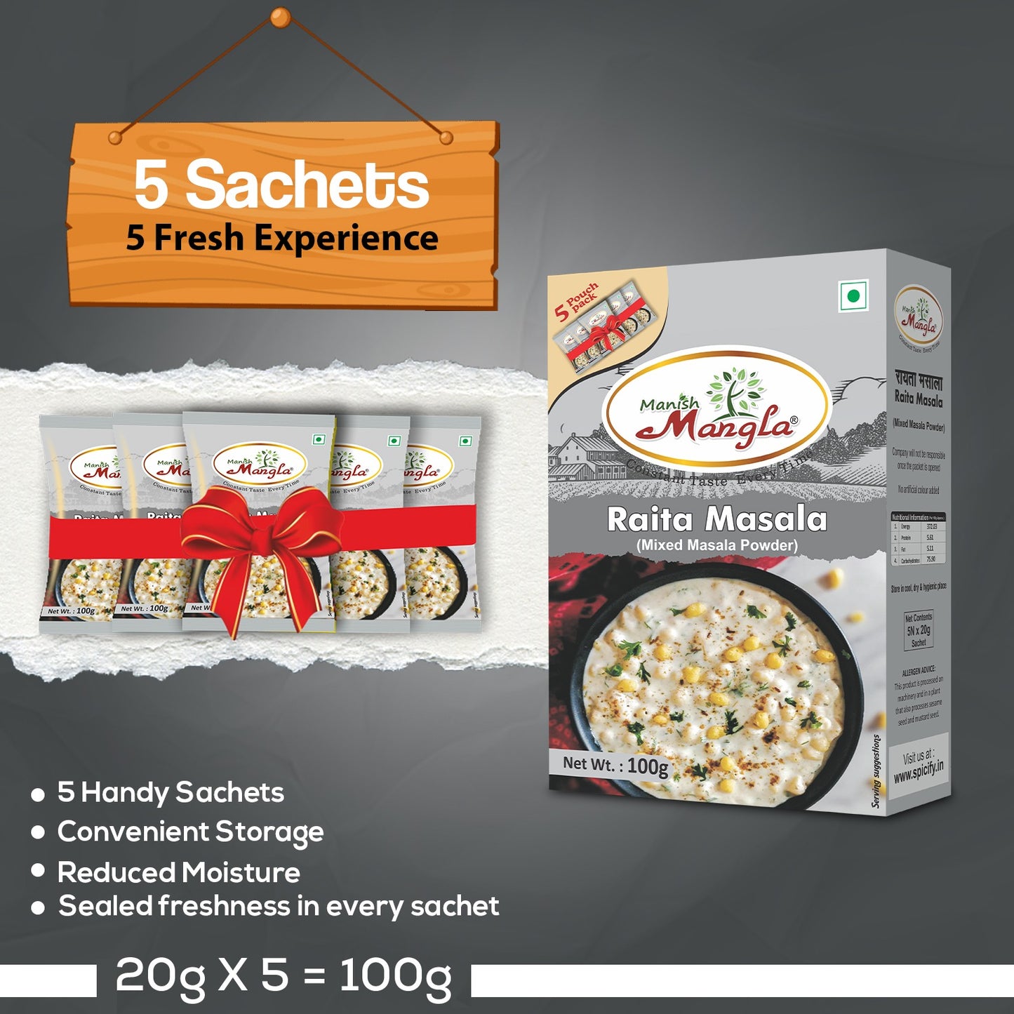 Raita Masala – 100g (5×20g FreshLock Sachets) | Tangy & Refreshing Spice Blend | Perfect for Curd, Raita & Chaas | Fresh & Aromatic