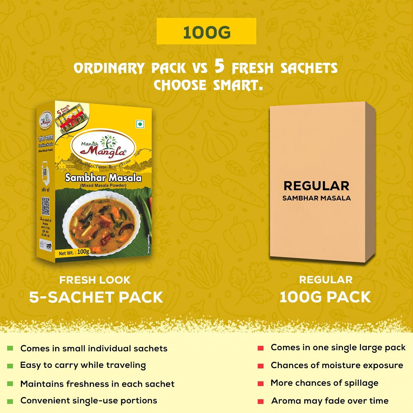 Sambhar Masala – 100g (5×20g FreshLock Sachets) | Authentic South Indian Spice Blend | Rich Aroma & Traditional Taste | Complete Masala Mix