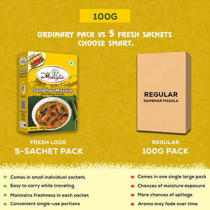 Sambhar Masala – 100g (5×20g FreshLock Sachets) | Authentic South Indian Spice Blend | Rich Aroma & Traditional Taste | Complete Masala Mix