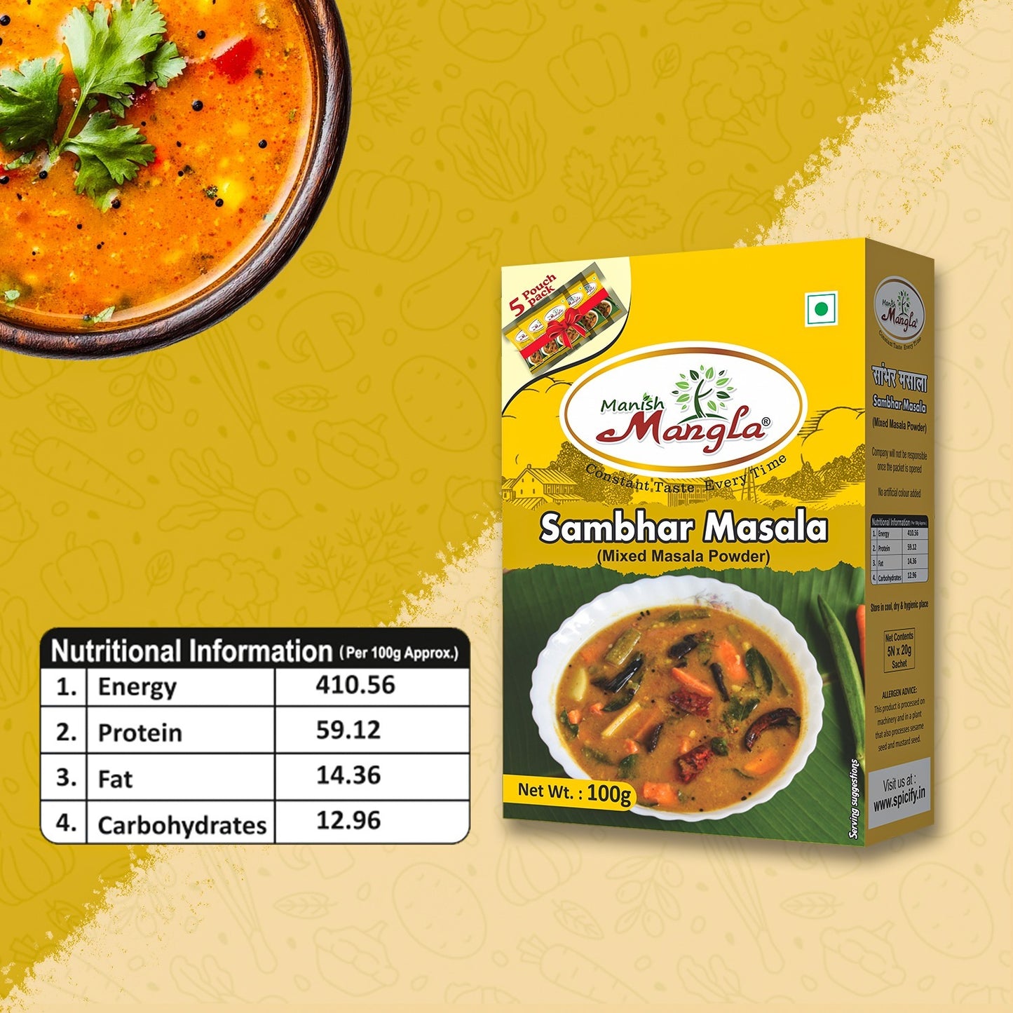 Sambhar Masala – 100g (5×20g FreshLock Sachets) | Authentic South Indian Spice Blend | Rich Aroma & Traditional Taste | Complete Masala Mix
