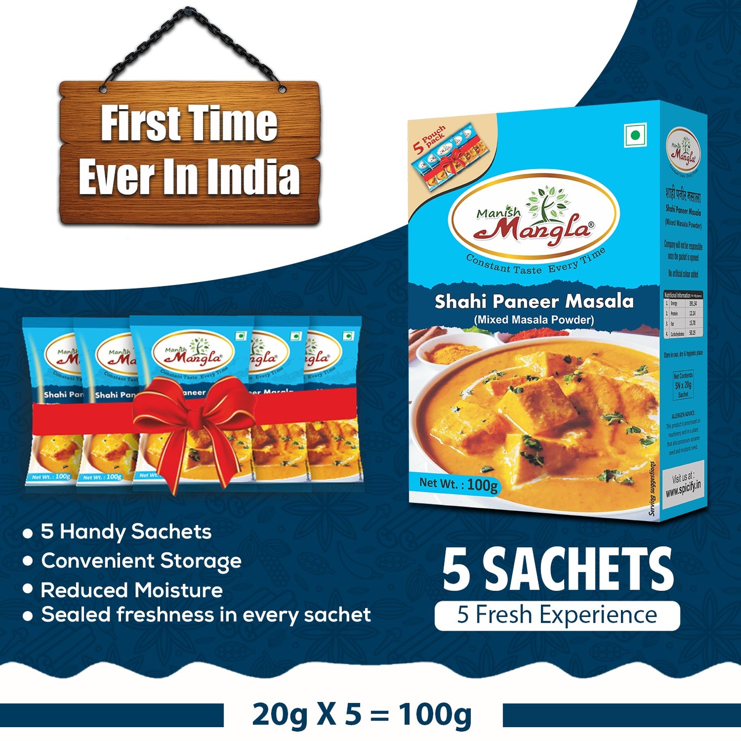 Shahi Paneer Masala – 100g (5×20g FreshLock Sachets) | Rich & Creamy Restaurant-Style Flavor | Complete Spice Mix | Fresh & Aromatic