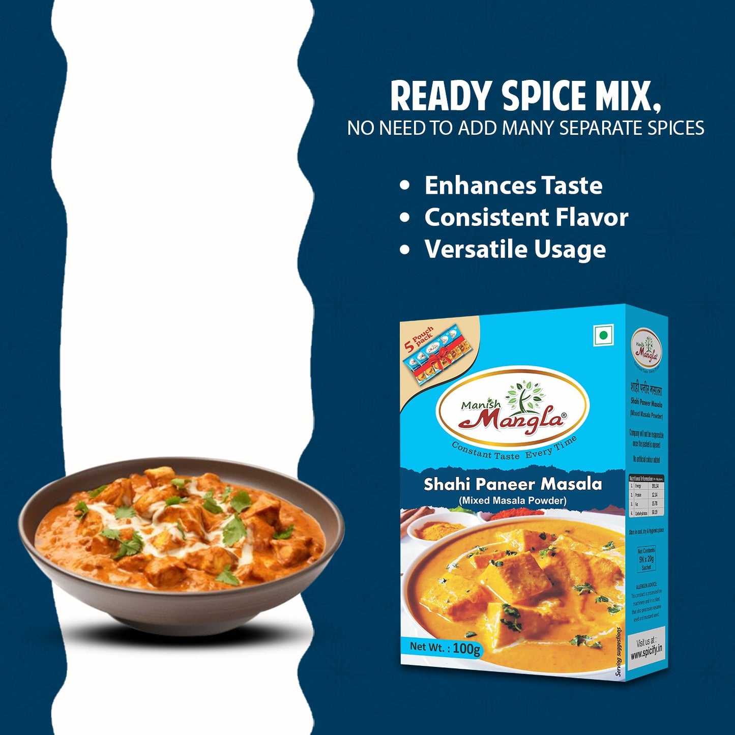 Shahi Paneer Masala – 100g (5×20g FreshLock Sachets) | Rich & Creamy Restaurant-Style Flavor | Complete Spice Mix | Fresh & Aromatic