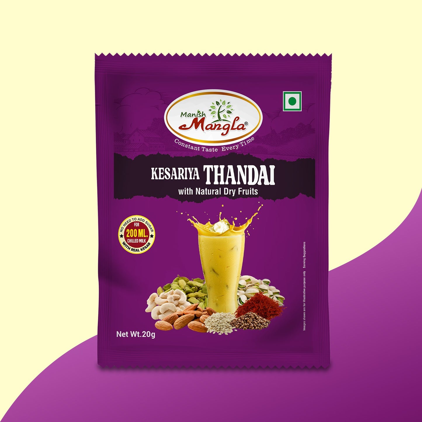 Manish Mangla Kesariya Thandai – 20g Sachets (Pack of 20) | Buy 15 Get 5 Free | Instant Thandai Mix | Rich Saffron Flavor | Perfect for Summer & Holi