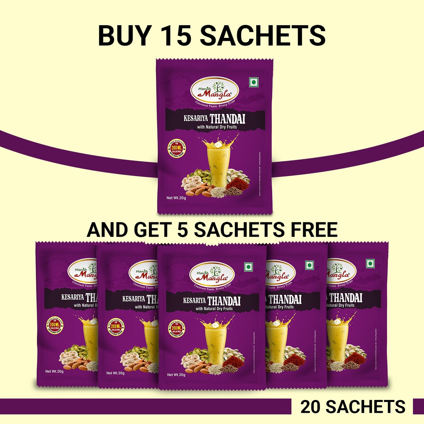 Manish Mangla Kesariya Thandai – 20g Sachets (Pack of 20) | Buy 15 Get 5 Free | Instant Thandai Mix | Rich Saffron Flavor | Perfect for Summer & Holi
