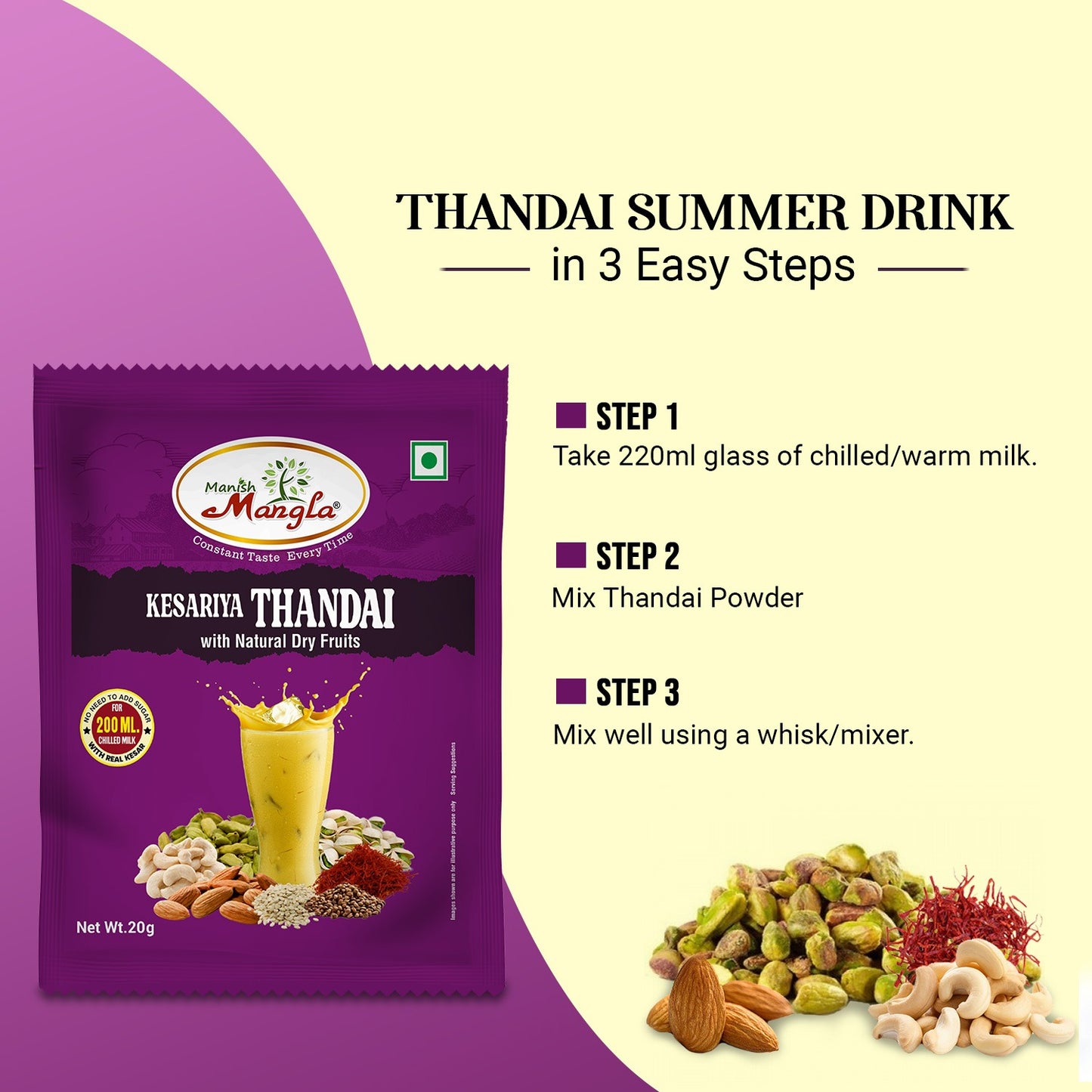 Manish Mangla Kesariya Thandai – 20g Sachets (Pack of 20) | Buy 15 Get 5 Free | Instant Thandai Mix | Rich Saffron Flavor | Perfect for Summer & Holi