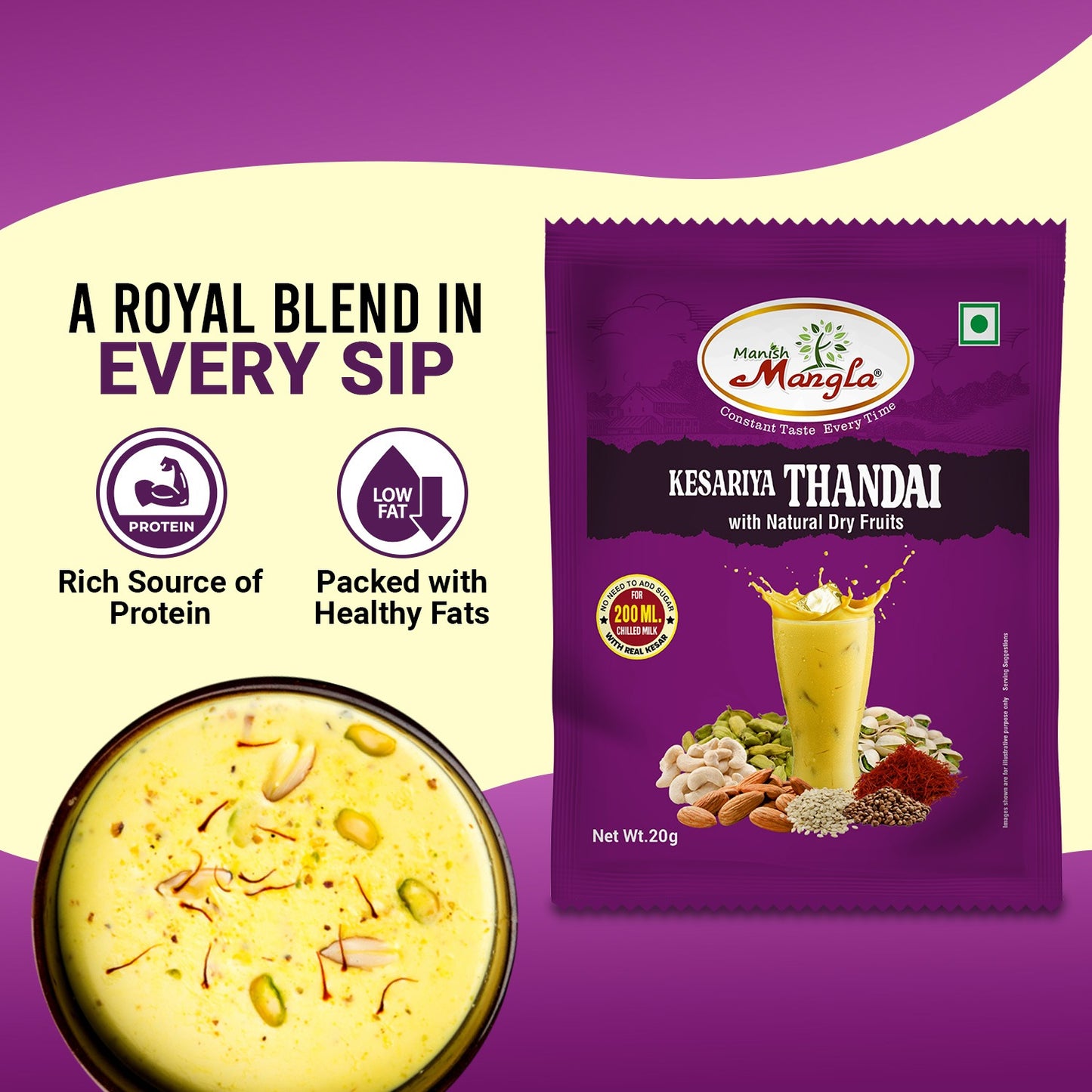 Manish Mangla Kesariya Thandai – 20g Sachets (Pack of 20) | Buy 15 Get 5 Free | Instant Thandai Mix | Rich Saffron Flavor | Perfect for Summer & Holi