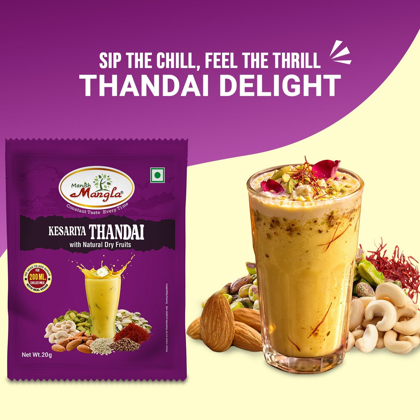 Manish Mangla Kesariya Thandai – 20g Sachets (Pack of 20) | Buy 15 Get 5 Free | Instant Thandai Mix | Rich Saffron Flavor | Perfect for Summer & Holi