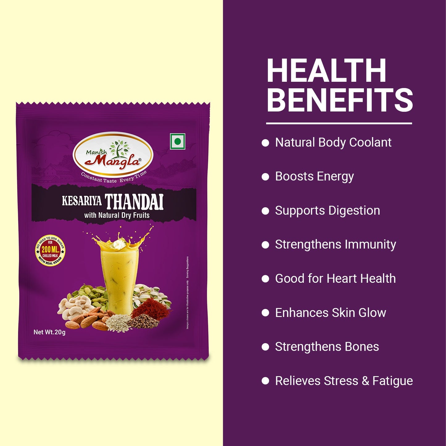 Manish Mangla Kesariya Thandai – 20g Sachets (Pack of 20) | Buy 15 Get 5 Free | Instant Thandai Mix | Rich Saffron Flavor | Perfect for Summer & Holi