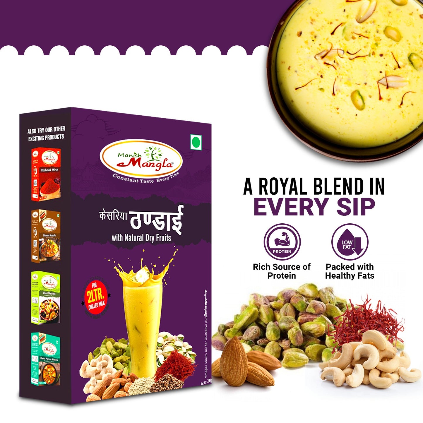 Manish Mangla Kesariya Thandai – Premium Thandai Mix | Rich Saffron Flavor | Instant Summer Drink | Perfect for Holi & Refreshing Beverages