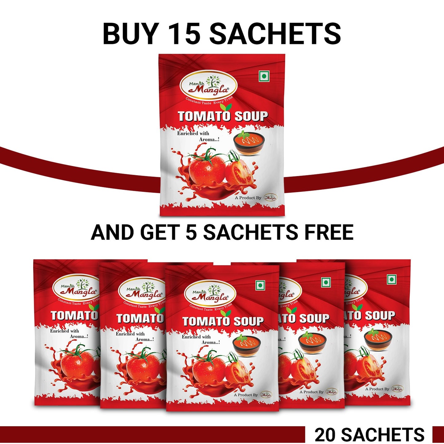 Manish Mangla Tomato Soup – 12g Sachets (Pack of 20) | Buy 15 Get 5 Free | Instant Soup Mix | Rich Tomato Flavor | Quick & Easy