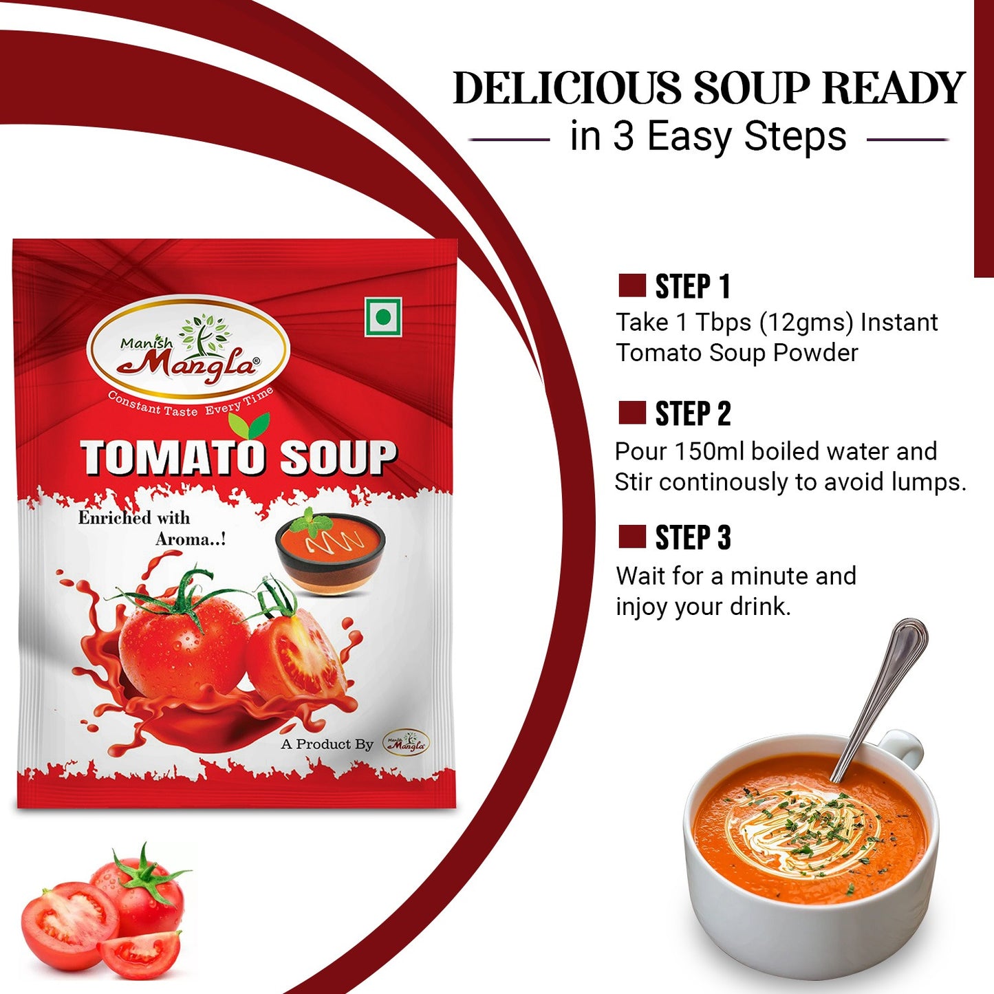 Manish Mangla Tomato Soup – 12g Sachets (Pack of 20) | Buy 15 Get 5 Free | Instant Soup Mix | Rich Tomato Flavor | Quick & Easy