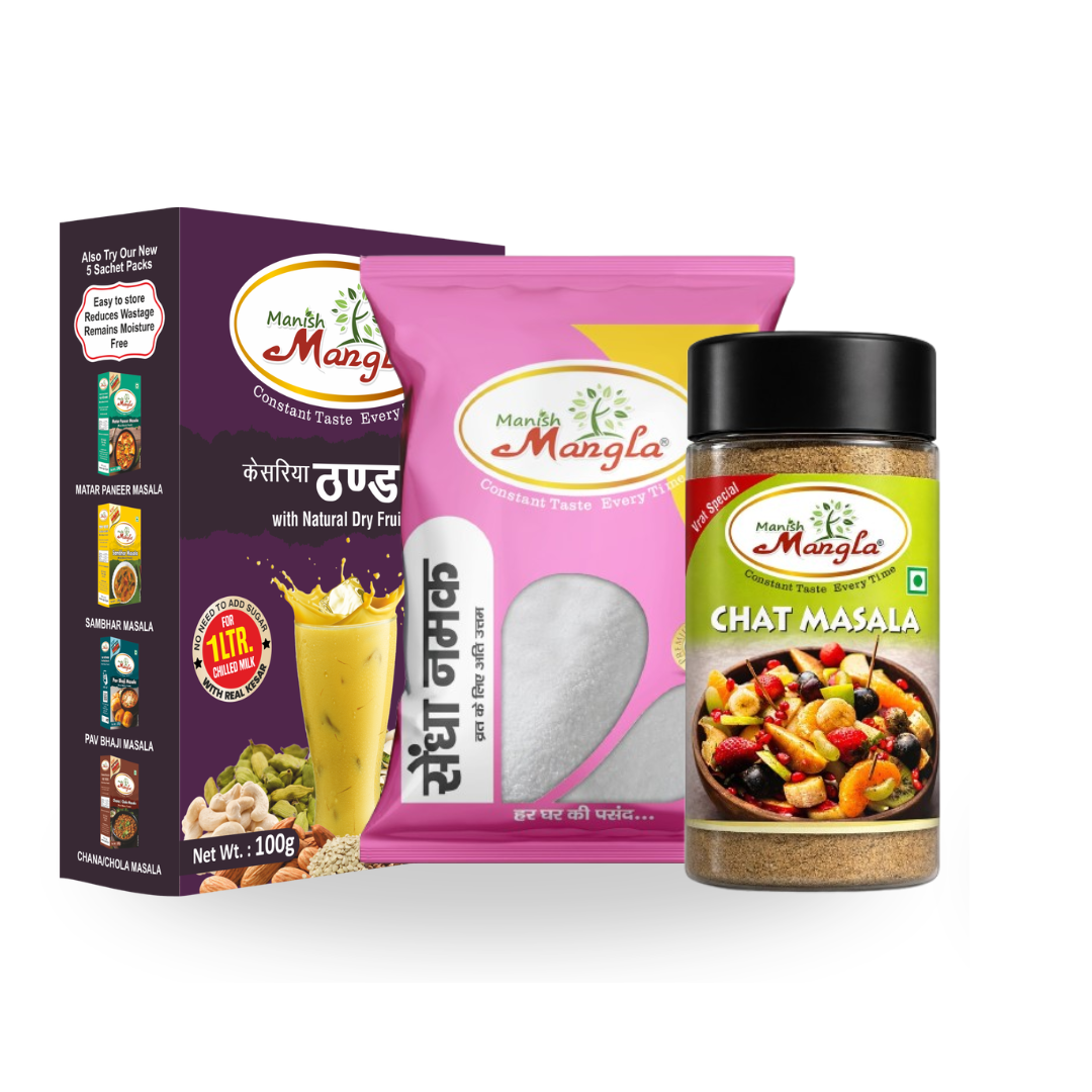 Manish Mangla Vrat Special Combo | Vrat Chat Masala + Sendha Namak + Kesariya Thandai | No Onion No Garlic | Perfect for Fasting & Festive Days