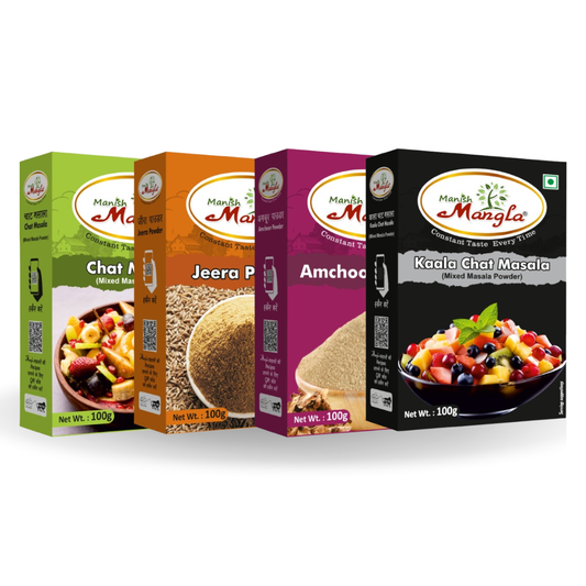 Chat Starter Combo – Chat Masala, Kaala Chat Masala, Jeera Powder & Amchoor Powder (100g Each) | Tangy & Chatpata Spice Kit for Snacks & Chaat