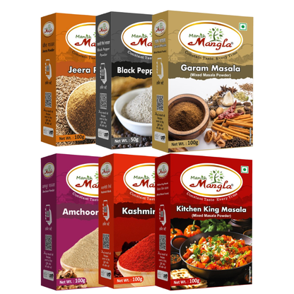 Daily Use Spices Combo – Jeera Powder, Black Pepper, Garam Masala, Kitchen King, Amchoor & Kashmiri Mirch | Essential Masala Pack for Everyday Cooking