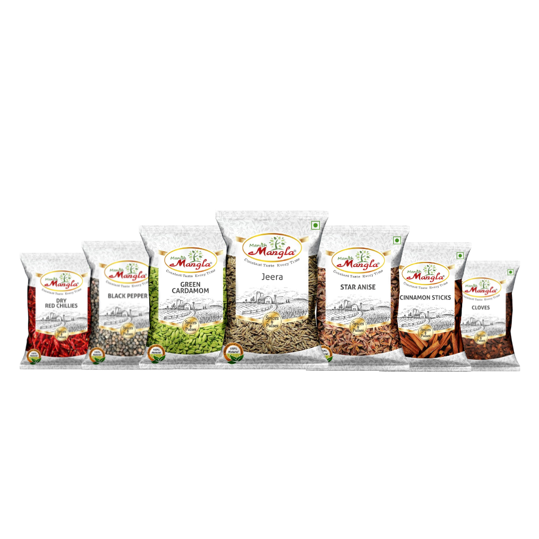 Whole Spice Kitchen Combo – Whole Jeera 100g, Black Pepper, Cinnamon Sticks, Whole Cloves, Green Cardamom 25g, Star Anise & Dry Red Chillies | Essential Whole Spices for Indian Cooking